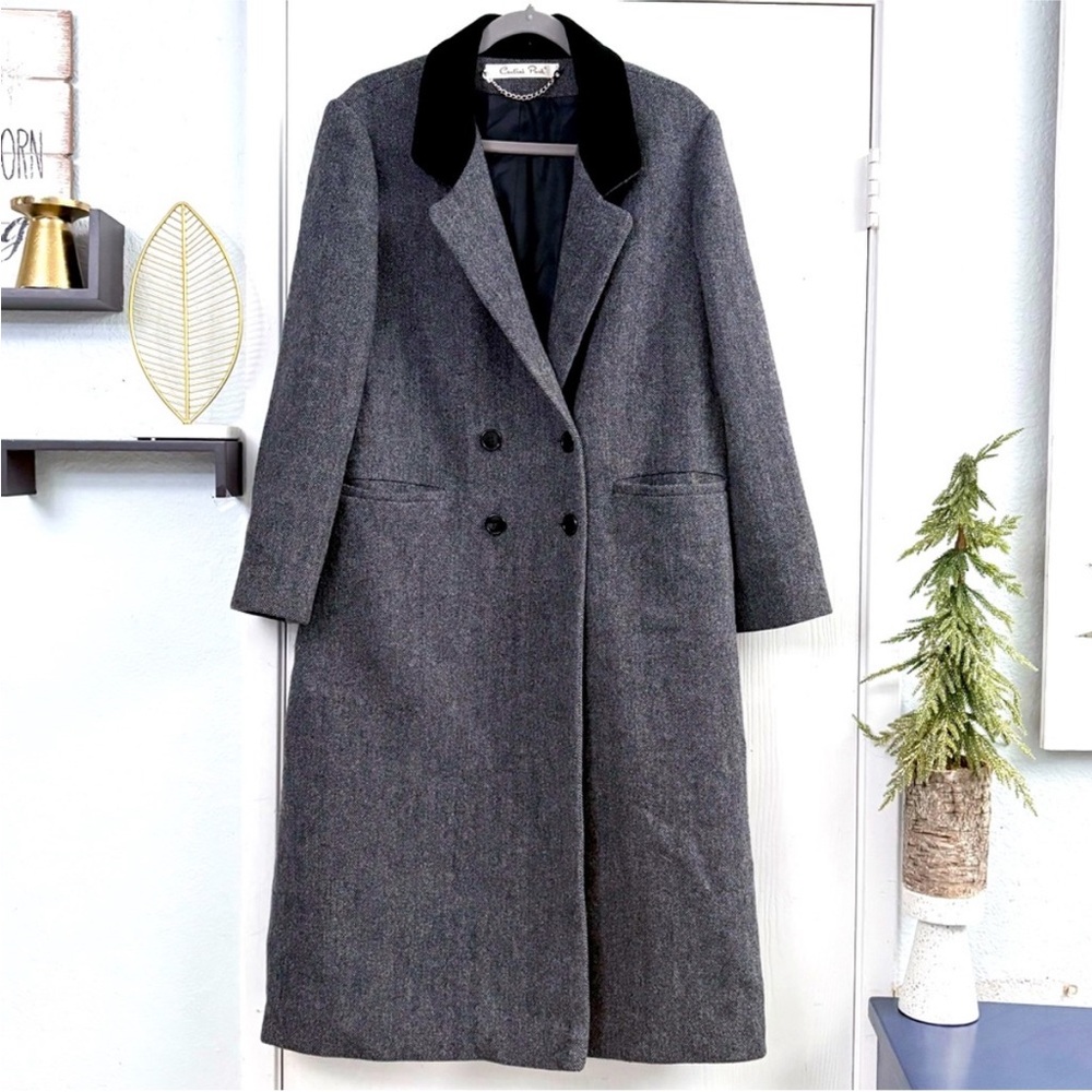 Vintage Central Park Wool Long Trench Charcoal Coat Black Velvet Collar Sz 12